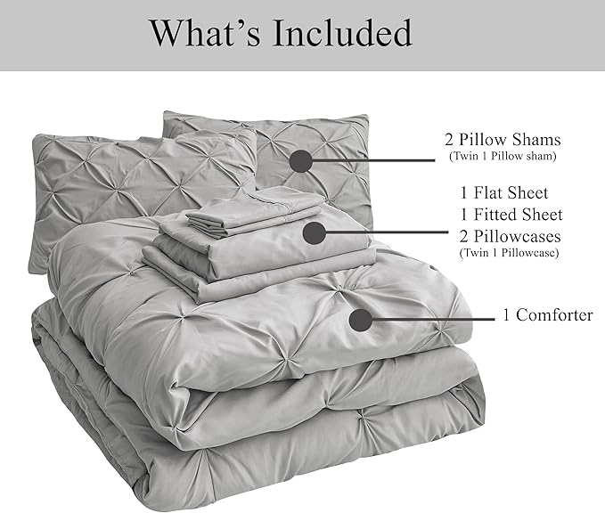 LANE LINEN 7 Piece Queen Comforter Set with Sheets, Pintuck Bedding Queen Size Set, Soft Bed in A Bag Queen, Pinch Pleated Queen Bed Set, Fluffy Queen Bedding Set with Pillowcases & Shams - Silver