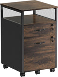 2 drawer file cabinet with lock, Wood Filing Cabinet for Home Office with Wheels and Open Shelf, Small Rolling Printer Stand and Under Desk File Cabinets for A4/Letter-Size Files-Brown