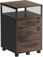 2 drawer file cabinet with lock, Wood Filing Cabinet for Home Office with Wheels and Open Shelf, Small Rolling Printer Stand and Under Desk File Cabinets for A4/Letter-Size Files-Brown