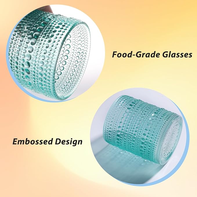 Set of 4 Hobnail Drinking Glasses, 12oz, Vintage Jupiter Drinking Glasses,Embossed Old Fsahioned Glassware for Beer,Water,Juice,Cocktail,Whiskey,Gift (Pool Blue, Small)