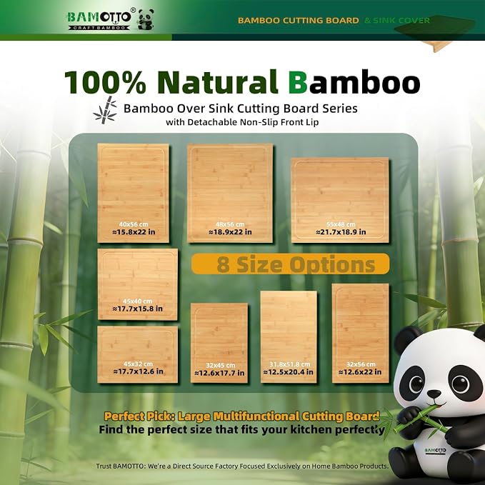 BAMOTTO CRAFTBAMBOO Bamboo Cutting Board for Kitchen 12.6"x17.7" Over-Sink | Detachable Front Lip | Reversible Dual Juice Grooves | Large Chopping Board for Bread Meat Vegetables