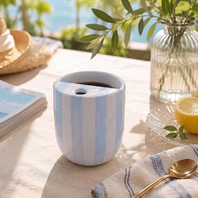 Ceramic Coffee Mug with Sip Hole 10 oz Retro Espresso Cup with Half Lid Hand Painted Blue Striped Porcelain Coffee Tea Cup for Kitchen Office Travel Tea Cappuccino Latte Daily Use Gift