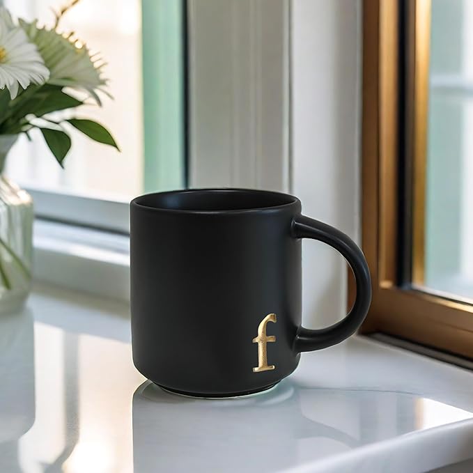 COLLECTIVE HOME - Black Monogram Ceramic Mugs, 15 oz Golden Initial Coffee Cups, Elegant Alphabet Tea Mugs, Personalized Halloween Mug with Gift Box, Perfect for Office and Home Décor(f)