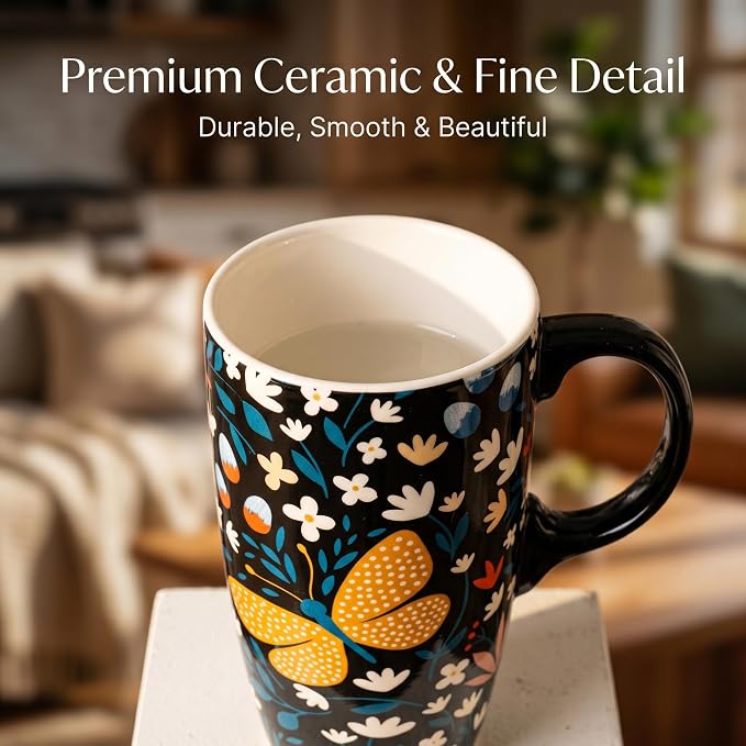 Topadorn 17oz Ceramic Travel Mug, Butterfly Coffee Mug with Gift Box | Large Floral Coffee Cup, Microwave & Dishwasher Safe Ceramic Travel Cup, Butterfly