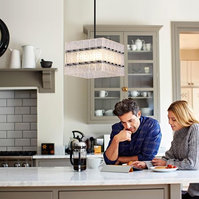 Modern Black Crystal Chandelier for Dining Room,Contemporary Square Water Ripple Glass Chandelier 4 Lights for Kitchen Island Entryway UL Listed