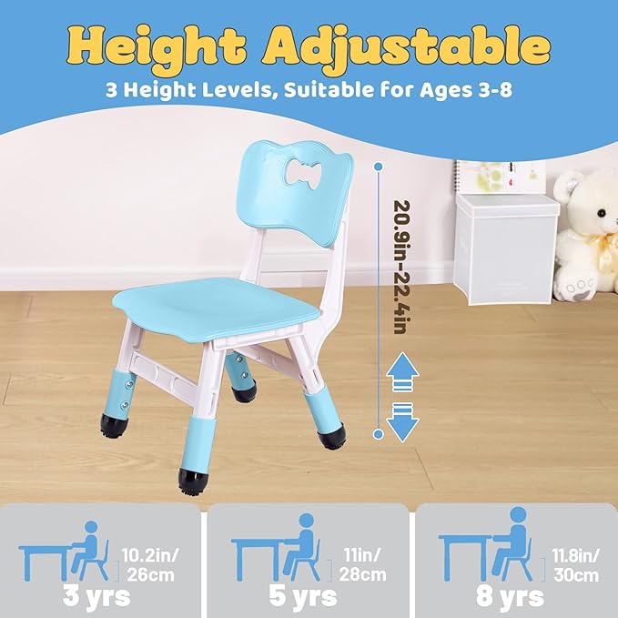 FUNLIO Adjustable Kids Chair (2pcs), 3 Level Height Adjustable Toddler Chair for Ages 3-8, Sturdy Child Chair with Maximum Bearing 220lbs, for Classrooms/Daycares/Homes, CPC & CE Approved - Blue