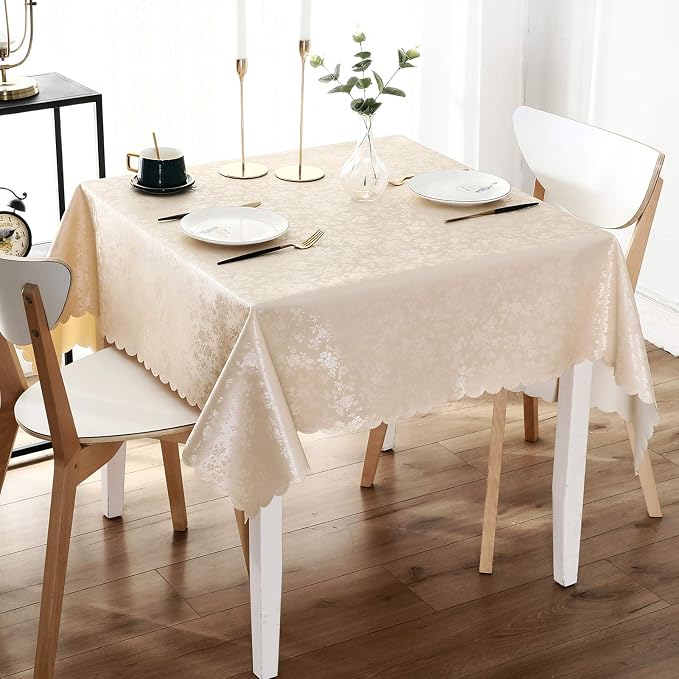 Smiry Square Waterproof Heavy Duty Vinyl Tablecloths, 54 x 54 Inch | Wipeable Washable Floral Embossed Table Cover for Kitchen and Dining Room, Indoor & Outdoor Use, Beige