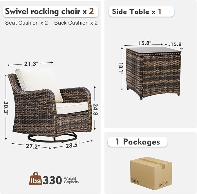 MEISSALIVVE 3 Pieces Patio Furniture Set with Swivel Chair, Outdoor Swivel Rocker with Washable Cushions & Tempered Glass Tabletop, Outdoor Rattan Conversation Set for Lawn Backyard Porch (Brown)