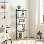 HOOBRO 5-Tier Bookcase, Metal Bookshelf, Tempered Glass Bookshelves, Slim Shelving Unit for Living Room, Narrow Bookshelf for Small Spaces, Storage Rack Display Shelf for Home Office, Black BK45SJ01