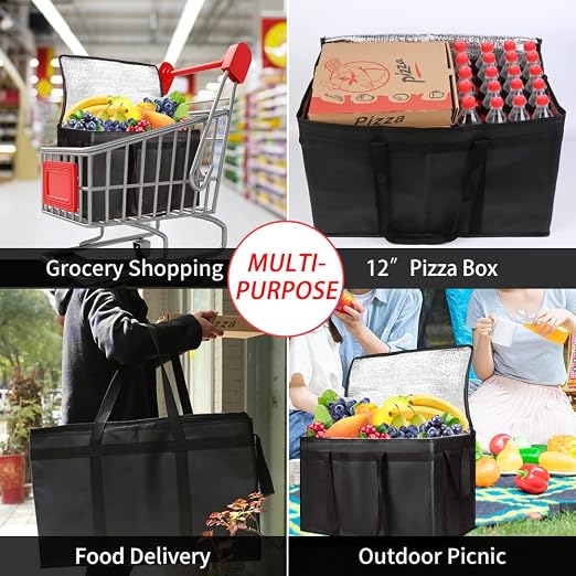 1-Pack Insulated Food Delivery Bag with Hard Bottom, 3X-Large, Black | Commercial Food Warmers for Delivery Drivers, Reusable Grocery Shopping Cooler/Hot Bags, Tote for Picnic/Travel, Heavy Duty