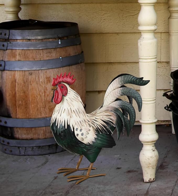 Regal Art & Gift Handcrafted Metal Rooster Statue, Weather-Resistant Farmhouse Yard Art, Indoor/Outdoor Garden Sculpture, Detailed Feather Design, Decorative Bird for Home & Garden, Verde, 14" Height