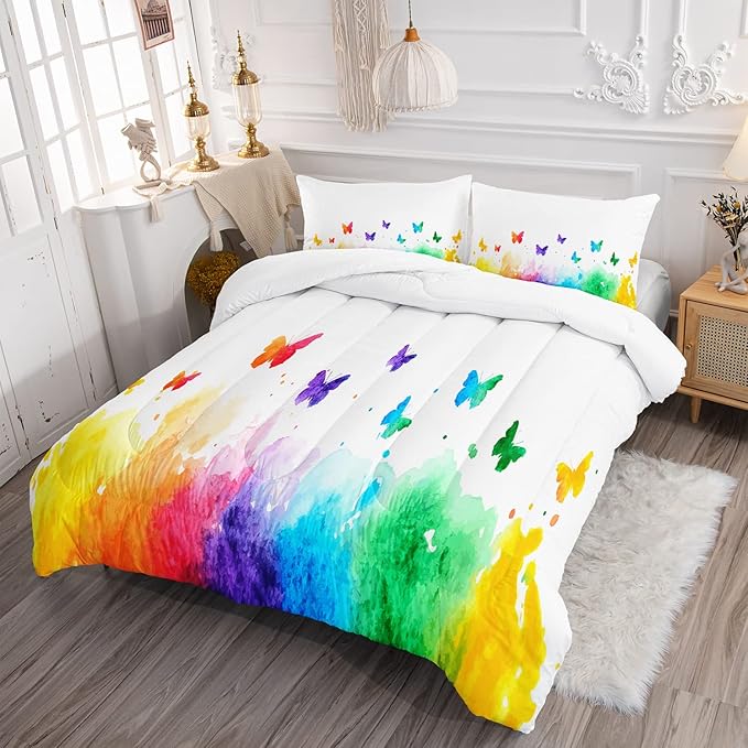 CVHOUSE Butterfly Bedding Set,Butterfly Comforter Full,Butterfly Comforter Set for Girls Kids Teens,Butterflies Quilt Set with 1 Comforter and 2 Pillow Cases- 3 Piece
