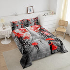 Eiffel Tower Comforter Set King Size for Girls Women Romantic Paris Street Bedding Sweet Couple Lover Red Flowers Floral Quilted Duvet French Style Down Comforter Chic Paris Cityscape Comforter