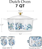 CAROTE 7QT Enameled Cast Iron Dutch Oven Pot with Lid, White & Blue | Sourdough Bread Baking with Cotton Potholders & Oven Gloves, Gift Box, Cookware for Braising, Oven Safe up to 500° F