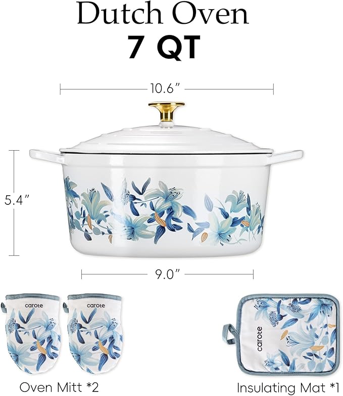 CAROTE 7QT Enameled Cast Iron Dutch Oven Pot with Lid, White & Blue | Sourdough Bread Baking with Cotton Potholders & Oven Gloves, Gift Box, Cookware for Braising, Oven Safe up to 500° F