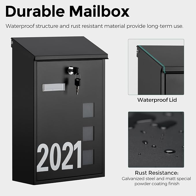 LAND·VOI Wall Mounted Mailbox with 4 Keys, Post Box for Wall and Fence, Viewing Windows, Nameplate, 3.94 x 9.8 x 15.6 Inches, Large Capacity, Includes Mailbox Numbers, Matt Black, AMB31B