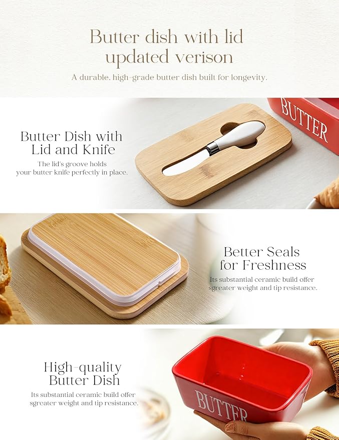 AISBUGUR Large Butter Dish with Lid Ceramics Butter Keeper Container with Knife and High- quality Silicone Sealing Butter Dishes with Covers Good Kitchen Gift Red 6.3 x 3.5 x 2.7 inches | Suitable Capacity, Great Sealing, Home Decor Kitchen Gift Housew...