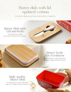 AISBUGUR Large Butter Dish with Lid Ceramics Butter Keeper Container with Knife and High- quality Silicone Sealing Butter Dishes with Covers Good Kitchen Gift Red 6.3 x 3.5 x 2.7 inches | Suitable Capacity, Great Sealing, Home Decor Kitchen Gift Housew...