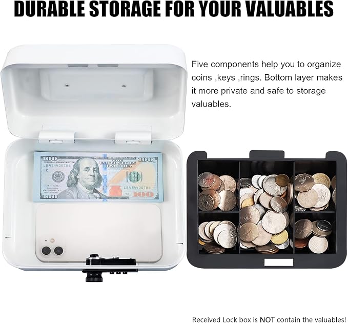 KYODOLED Cash Box with Combination Lock,Safe Metal Box for Money,Storage Lock Box with Money Tray,7.87"x 6.30"x 3.54" White Medium