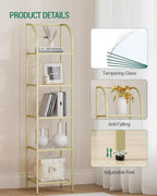 Bookcase Bookshelf, Tempered Glass Arched Bookshelf for More Storage, Slim Shelving Unit for Bedroom, Bathroom, Home Office, Steel Frame, 5 Tier Gold BC20599G