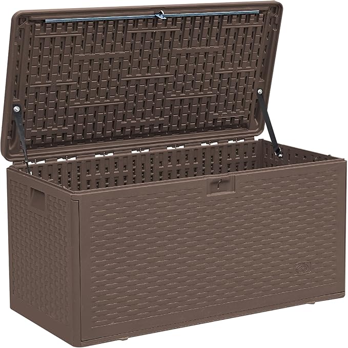 TARKARI Premium Pro Edition 73 Gallon Lockable Resin Deck Box, Waterproof & UV-Resistant Outdoor Storage Box for Outdoor Cushion Storage, Garden Tools & Pool Accessories Storage, Brown