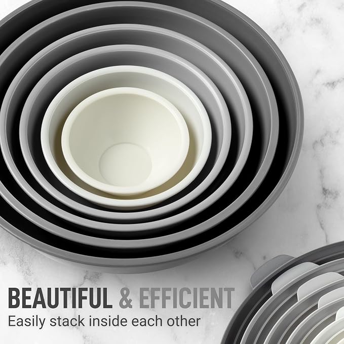 Zulay Kitchen 12 Piece Plastic Nesting Mixing Bowls with Lids - Colorful Microwave & Freezer Safe Gray Ombre Set
