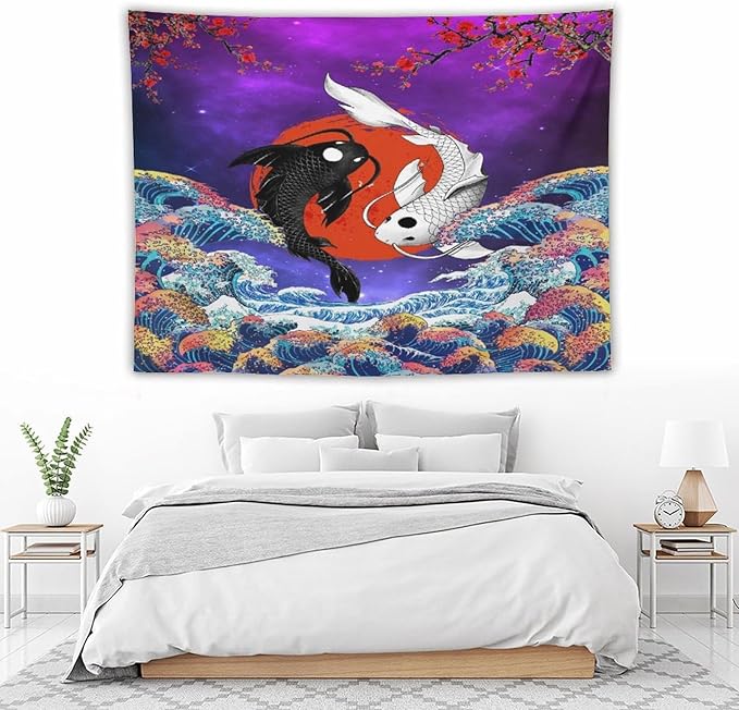 Houselerax Japanese Koi Fish Tapestry, Yin Yang Big Wave Cherry Blossom Tapestries Wall Hanging for Bedroom Living Room Office Decor 80"x60"