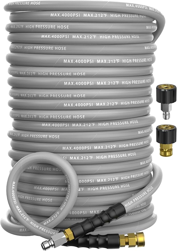 Pressure Washer Hose 200FT 4000 PSI, Kink Resistant Steel Braided Layer & NonMarking Rubber for Hot/Cold Water, High Power Washer Hose With 3/8 Inch Quick Connect & M22 Fitting, Gray