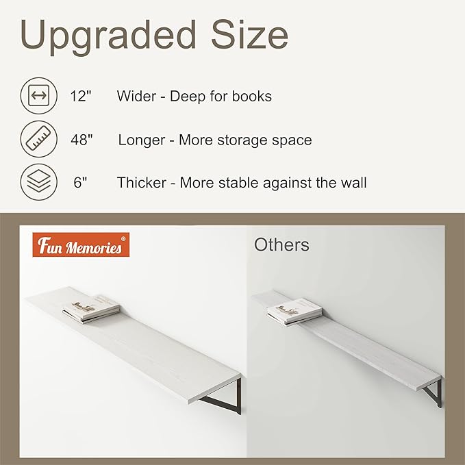 12 Inch Deep Floating Shelves, White Floating Shelves 48W x 12D, Deep Wall Shelves Bracket Set of 2, Large Display Hanging Floating Shelf for Bathroom, Living Room, Wide Storage Wooden Wall Shelf