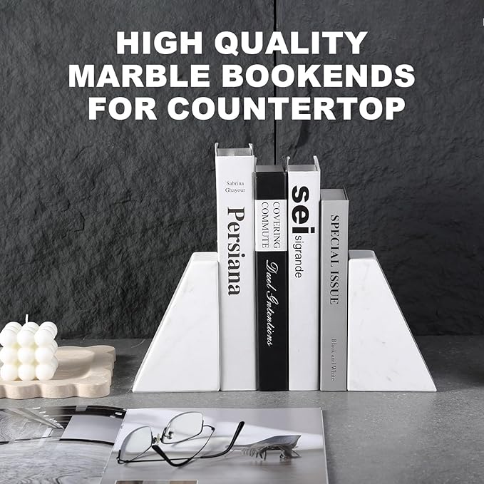 Marble Bookends for Heavy Books, Decorative Book Ends for Shelves, White Stone Durable and Heavy-Duty Book Ends for Hardback Books & CDS, Unique Book Stopper & Holder, Set of 2
