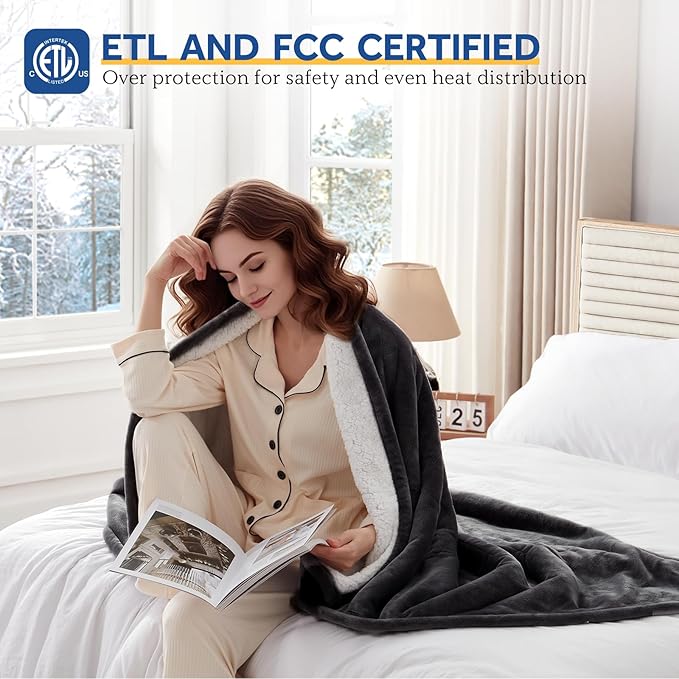 Sealy Electric Blanket Twin Size 62"*84",Super Cozy Flannel to Sherpa Reversible Heated Twin Blanket with 10 Heating Levels & 1-12 Hours Auto Off Overheating Protection Machine Washable, Charcoal