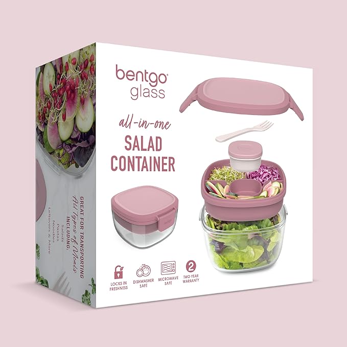 Bentgo Glass All-in-One Salad Container - Large 61-oz Salad Bowl with Lid, 4-Compartment Bento-Style Tray, 3-oz Sauce Container, and Reusable Fork - Dishwasher, Microwave, and Oven Safe (Rose)