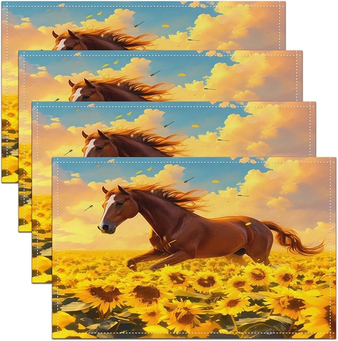 Feelyou Horse Placemats Set of 4 18"x12" Galloping Horse Table Place Mats Decor Sunflower Placemat for Kitchen Dining Table Women Men Cute Animal Decor Indoor Outdoor Decor Table Mats