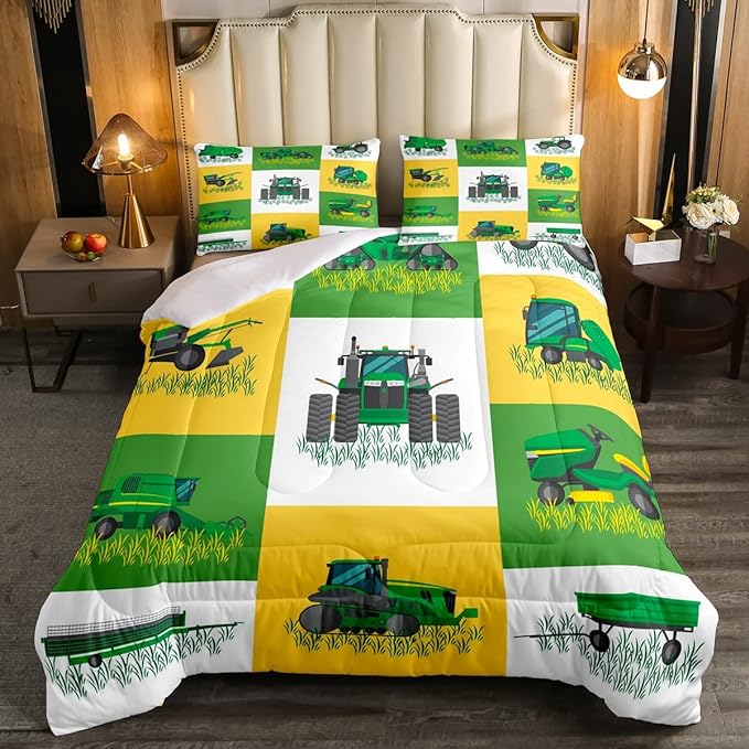 Boys Cartoon Truck Car Down Comforter Twin Size Kids Construction Vehicles Tractor Comforter Set for Kids Children Farm Excavator Bedding Set Construction Site Cars Duvet Set, Green Yellow