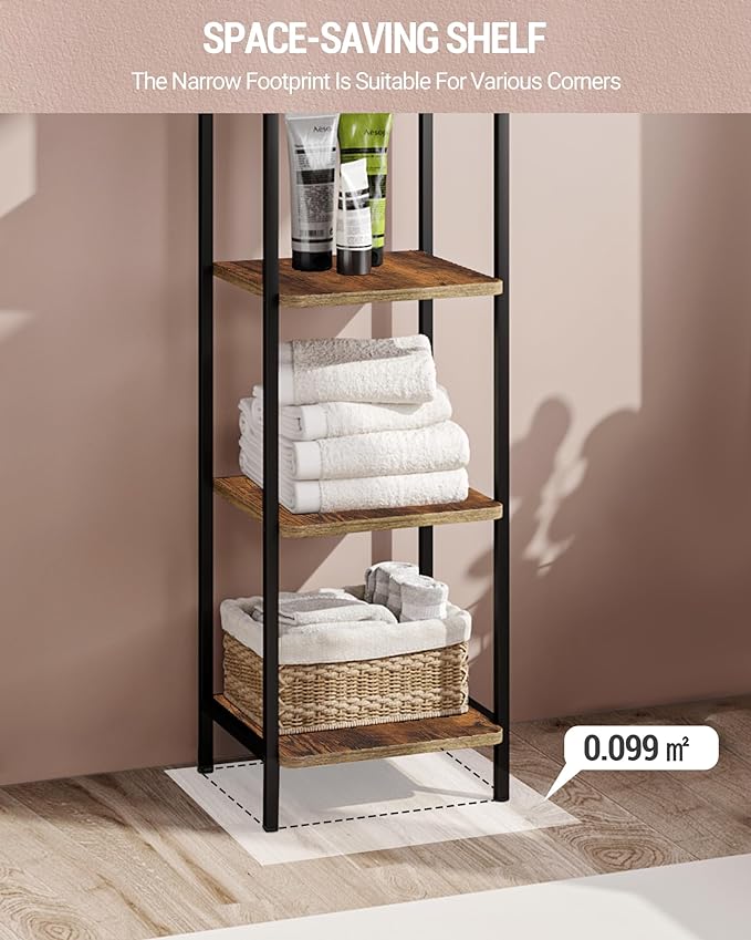 Bookcase Bookshelf, Narrow Book Shelf, Industrial Coner Shelf Storage Organizer, Slim Shelving Unit for Home Office, Living Room, Bedroom, Kitchen, 5-Tier Rustic Brown BC24501B