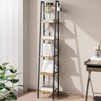 Ladder Shelf, Bookshelf Bookcase, Freestanding Corner Storage Shelve with 2 Hooks for Home Office, Living Room, Kitchen, Bedroom, Industrial, 6-Tier Rustic Brown BC13301B