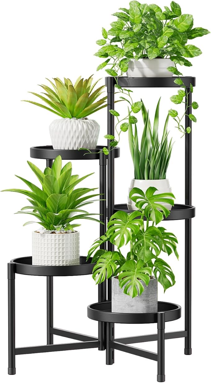 iDavosic.ly 5 Tier Large Plant Stand Indoor with 10 Inch Wide Tray, Tiered Corner Metal Outdoor Flower Display Holder Shelf, Folding Tall Rack for Patio Porch Living Room, Modern Black
