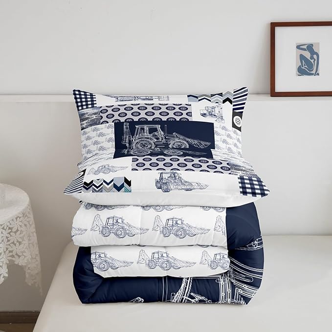 Feelyou Kids Construction Comforter Set Queen Size Equipment Trucks Bedding Set for Boys Cartoon Car Excavator Tractor Comforter Construction Vehicles Plaid Grid Blue and White Duvet Set