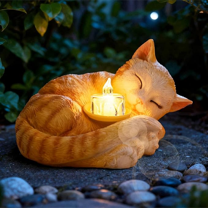 Sleeping Cat Candle Holder Statue Realistic Resin Cat Figurine with Candle Tray Outdoor Garden Decor for Patio Yard or Indoor Use for Cat Lovers Women and Memorials Orange