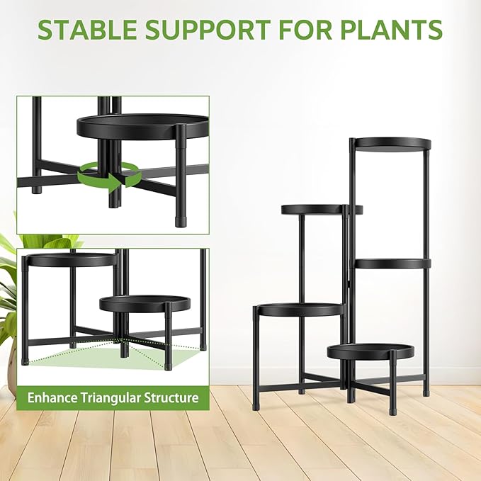 iDavosic.ly 5 Tier Large Plant Stand Indoor with 10 Inch Wide Tray, Tiered Corner Metal Outdoor Flower Display Holder Shelf, Folding Tall Rack for Patio Porch Living Room, Modern Black