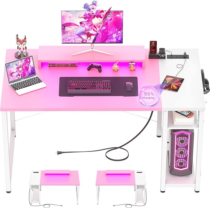 armocity Computer Desk with LED, Gaming Desk with Outlets, 40 Reversible Laptop Table with Monitor Stand, Small Desk for Small Spaces, Pink
