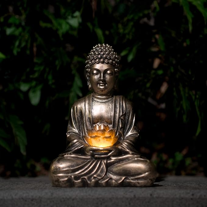Buddha Lotus Statue with Solar Lights, Resin LED Figurine for Garden Decor – Unique Gift for Women and Friends(Copper Buddha)
