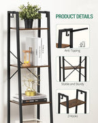 Ladder Shelf, Bookshelf Bookcase, Freestanding Corner Storage Shelve with 2 Hooks for Home Office, Living Room, Kitchen, Bedroom, Industrial, 5-Tier Rustic Brown BC03201B
