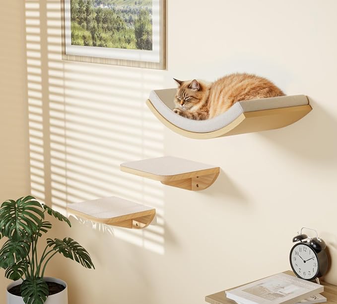 Cat Wall Shelf with Curved Hammock Bed, Wall Mounted Cat Perch with Beige Soft Foam Cushion, Floating Wall Furniture for Climbing, Sleeping & Lounging