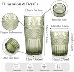 Green Drinking Glasses Set of 12, 12 Oz Highball & 10 Oz Cocktail Glasses, Green Kitchen Vintage Glassware Set, Floral Embossed Glass Tumbler Cups for Beer, Juice, Whiskey, Coffee(Pineapple)