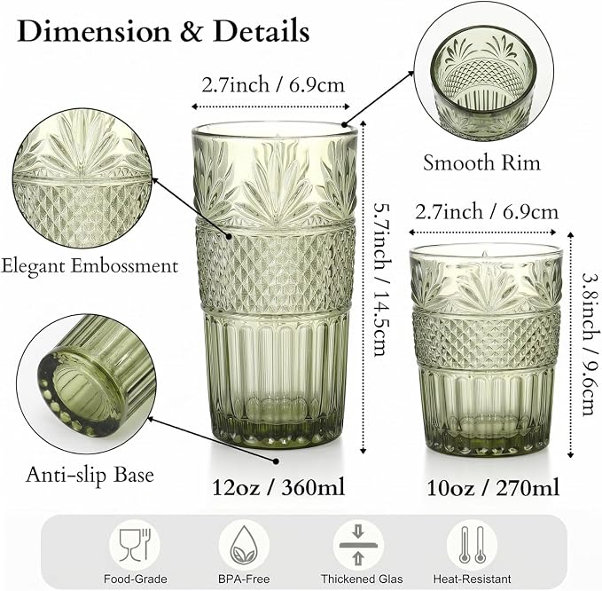 Green Drinking Glasses Set of 12, 12 Oz Highball & 10 Oz Cocktail Glasses, Green Kitchen Vintage Glassware Set, Floral Embossed Glass Tumbler Cups for Beer, Juice, Whiskey, Coffee(Pineapple)