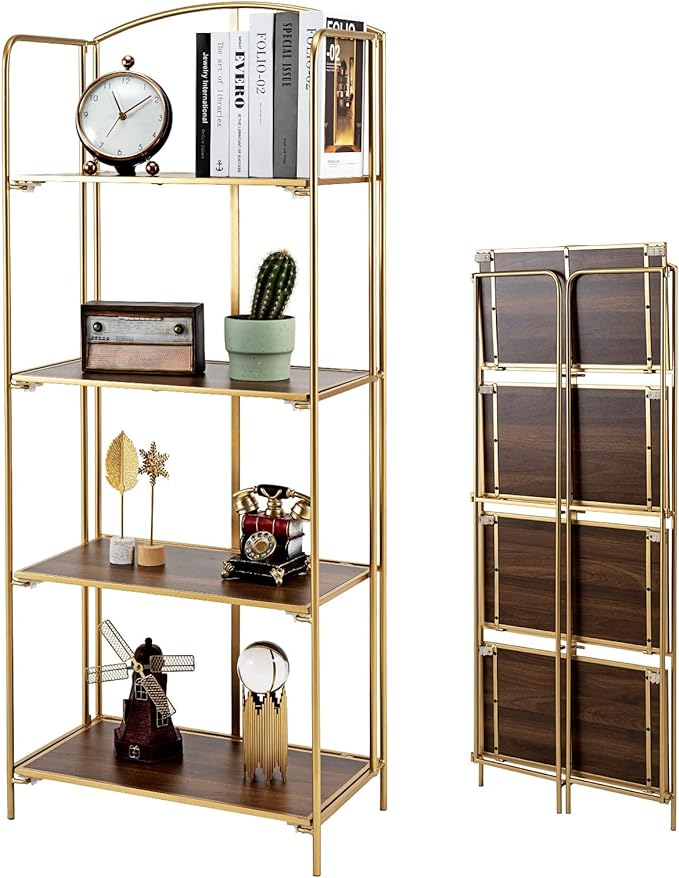 No Assembly Folding Bookshelf, 4 Tier Gold Bookshelf, Metal Book Shelf for Storage, Folding Bookcase for Office Organization and Storage, 12.6" D x 22.44" W x 55.51" H