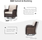 IDEALHOUSE 3 Pieces Outdoor Wicker Swivel Rocker Patio Set, 360-Degree Swivel Rocking Chair Elegant Wicker Patio Bistro Set with Tempered Glass Top Side Table (Apricot)