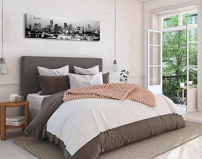 Black and White Wall Art Denver Skyline Cityscape Skyscrapers Canvas Print Painting Landscape USA City Buildings Pictures Modern Artwork for Man Room Office Living Room Decoration 13.8"x47.3"