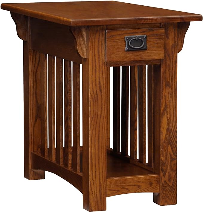 Leick Home 82262 Mission Mantel Height Bookcase with Slatted Sides and Top Drawer, Made with Wood & 8206 Mission Impeccable One Drawer Side Table with Shelf, Furniture, Medium Oak, Russet